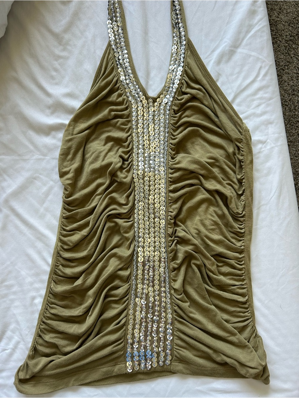 NWT Y2K Passport Olive Green Halter Top with Sequin Trim